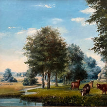 Load image into Gallery viewer, Cows grazing in meadow with trees and sky detail in L Sielke Landscape with Cows painting.
