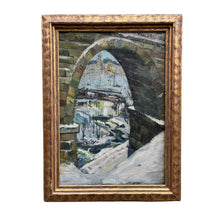 Load image into Gallery viewer, Framed oil painting by Czech artist Ludvik Vacatko depicting a snow-covered stone bridge arching over a winter stream landscape.

