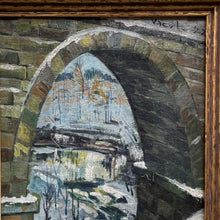 Load image into Gallery viewer, Close-up of the artist signature atop the stone bridge arch depicted in painting by Czech artist Ludvik Vacatko.
