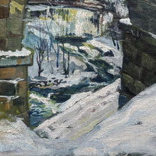 Load image into Gallery viewer, Detailed view of icy water, snow-covered banks, and textured brushwork beneath a stone bridge in a Czech winter oil painting.

