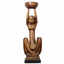 Load image into Gallery viewer, Wooden sculpture of a seated woman holding a bowl to the heavens.
