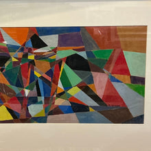 Load image into Gallery viewer, Detail of abstract composition by Marcia Schwan showing geometric forms and the artist’s signature.
