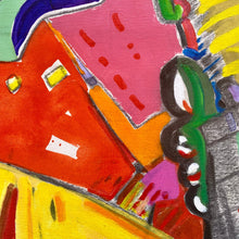 Load image into Gallery viewer, Close-up detail of colorful abstract composition showing layered shapes and dynamic brushwork.
