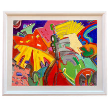 Load image into Gallery viewer, A framed abstract painting featuring multiple vivid colors on a black background, with a sense of movement and energy.
