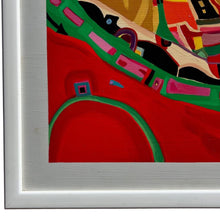Load image into Gallery viewer, Detail of lower left corner of Marcia Schwan Steeple In The Middle painting showing abstract forms and color layering.
