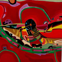 Load image into Gallery viewer, Close-up of central area of Marcia Schwan Steeple In The Middle painting showing abstract shapes and color contrasts.
