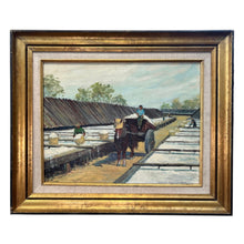 Load image into Gallery viewer, Oil painting titled Hauling Salt by Margaret Munro Stratton depicting workers and horse cart in a salt works landscape.
