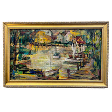 Load image into Gallery viewer, Oil painting of a harbor scene with boats and houses
