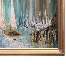 Load image into Gallery viewer, Close-up detail of a mid-century nautical harbor oil painting showing sailboats, dock pilings, expressive brushwork, reflective water, and gold frame detail.
