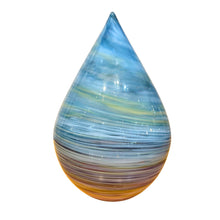 Load image into Gallery viewer, Art glass sculpture titled Unicorn Cloud by Nao Yamamoto featuring a teardrop form with layered blue and multicolor bands.
