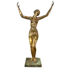 Load image into Gallery viewer, Bronze sculpture of a female figure with raised arms and a victorious pose on patina base.
