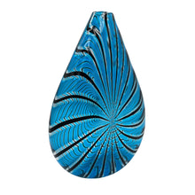 Load image into Gallery viewer, Angled view of Murano glass vase by Orlando Zennaro showing curved form and layered blue and black pattern.
