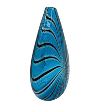 Load image into Gallery viewer, Side view of Murano art glass vase by Orlando Zennaro with curved profile and layered blue and black design.
