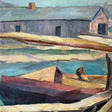 Load image into Gallery viewer, Close-up of Percy Myron Lee Boatyard painting focused on boathouse.
