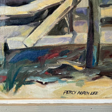 Load image into Gallery viewer, Close-up of signature on Boatyard oil painting by Percy Myron Lee.

