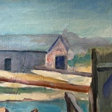 Load image into Gallery viewer, Detail of Percy Myron Lee Boatyard painting showing dock structures and layered brushwork.
