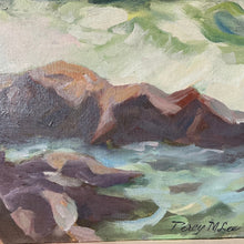 Load image into Gallery viewer, Close-up of Percy Myron Lee signature on “Maine Waves” oil painting.
