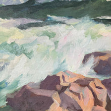 Load image into Gallery viewer, Detail of “Maine Waves” oil painting showing crashing surf against rocky shoreline.
