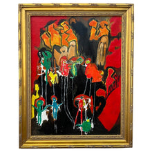 Load image into Gallery viewer, Abstract painting with colorful figures on a red background, framed in gold.
