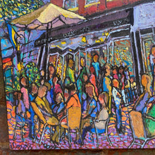 Load image into Gallery viewer, Detail of café scene  and seated figures, highlighting composition, color, and layered texture.
