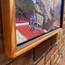 Load image into Gallery viewer, Close-up of painting edge and wooden frame showing texture, brushwork, and presentation.

