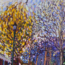 Load image into Gallery viewer, Detail of ginkgo tree canopy with dense, impressionistic brushwork in yellow, blue, and violet tones.
