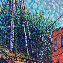 Load image into Gallery viewer, Close-up detail of brushwork and color patterning showing trees and architectural elements in Randy Smith painting.
