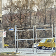 Load image into Gallery viewer, Close-up detail of Richard Crozier’s Coal Tower 08 highlighting the chain-link fence, yellow parked car, and layered brushwork within the industrial landscape.
