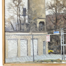 Load image into Gallery viewer, Close-up detail of Richard Crozier’s Coal Tower 08 focusing on the coal tower base, surrounding storage buildings, and gestural winter trees in muted neutral tones.
