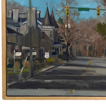 Load image into Gallery viewer, Zoomed in view of Charlottesville Park Street painting by Richard Crozier showing shadows cast along street and houses.
