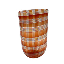 Load image into Gallery viewer, Alternate view of orange caned glass vase by Robin Mix for Tiffany &amp; Co. emphasizing pattern and proportions.
