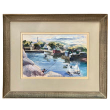 Load image into Gallery viewer, Watercolor harbor scene by Sally Sargent Turner depicting coastal houses and sailboats in a soft, impressionistic style.
