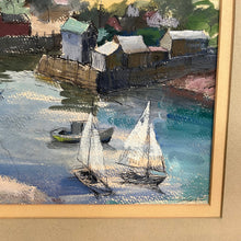 Load image into Gallery viewer, Detail of Sally Sargent Turner harbor scene showing sailboats and signature detail.
