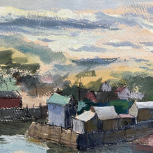 Load image into Gallery viewer, Close-up of harbor scene watercolor by Sally Sargent Turner highlighting houses on shoreline and sky detail.
