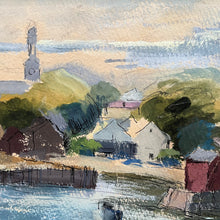 Load image into Gallery viewer, Detail of Sally Sargent Turner harbor scene watercolor showing houses along the harbor.
