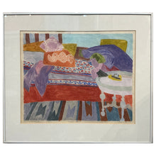 Load image into Gallery viewer, Monoprint by Sally Turner titled Herman and Elia’s Place, 1974, showing a patterned interior scene with a bed, textiles, and vibrant color.
