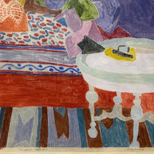 Load image into Gallery viewer, Detail of Sally Turner Herman and Elia’s Place showing bedside table and lower margin with artist signature and handwritten monoprint inscription dated 1974.
