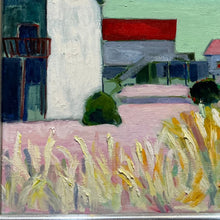 Load image into Gallery viewer, Detail of Sally Turner coastal painting showing textured brushwork in grasses and beach houses.
