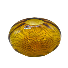 Load image into Gallery viewer, Amber art glass vase by Sam Stang of Augusta Studios featuring a rounded form with black pulled line pattern.
