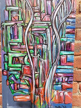 Load image into Gallery viewer, Detail of dense, colorful linear patterns and expressive mark-making.
