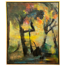 Load image into Gallery viewer, Abstract oil painting with layered color and gestural forms, in a gold-toned frame.
