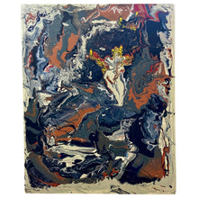 Load image into Gallery viewer, Acrylic painting titled Maelstrom by Valerie Sargent featuring fluid abstract forms in black, white, rust, and blue tones.

