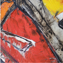 Load image into Gallery viewer, Detail of abstract composition by Z. Leon highlighting layered paint and color contrast.
