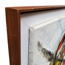 Load image into Gallery viewer, Close-up of upper corner of Z. Leon painting showing canvas edge and floating wood frame construction.
