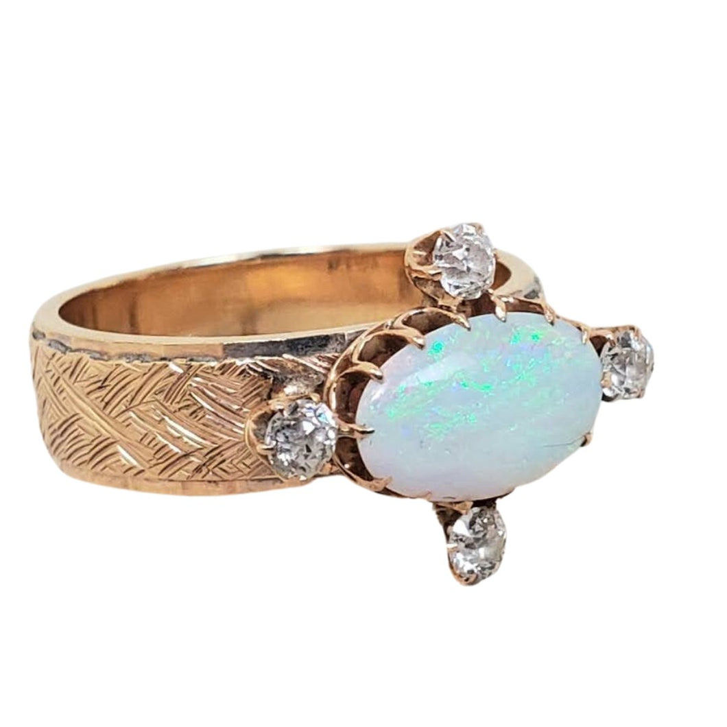 14K Gold, Oval Opal, and Diamonds Ring